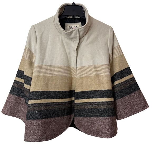 Billa Bong Open Cape Jacket Womens L Brown Striped Flannel Wool Blend 3/4 Sleeve - Picture 1 of 12